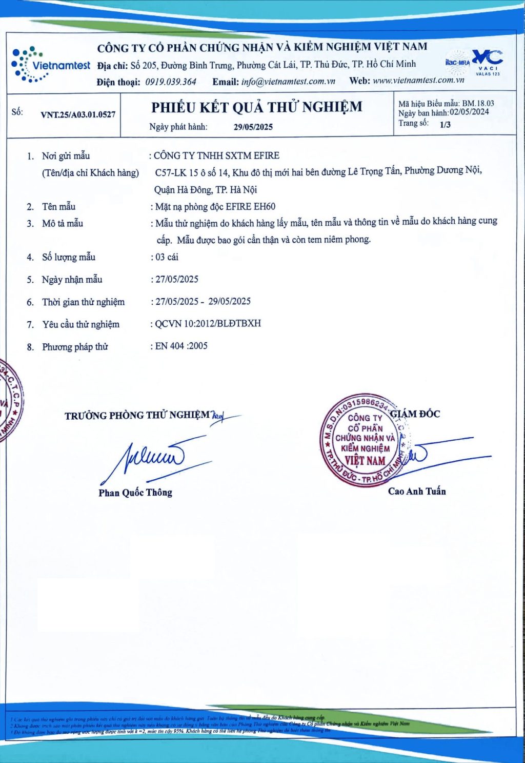 ket qua thi nghiem mat na chong khoi doc thoat hiem